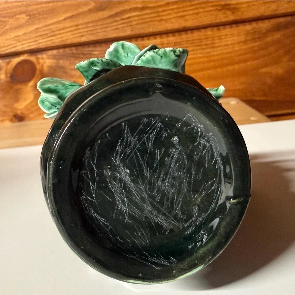 Majolica Creamer Pitcher | Green Cabbage Leaf Style | Pottery | Vintage